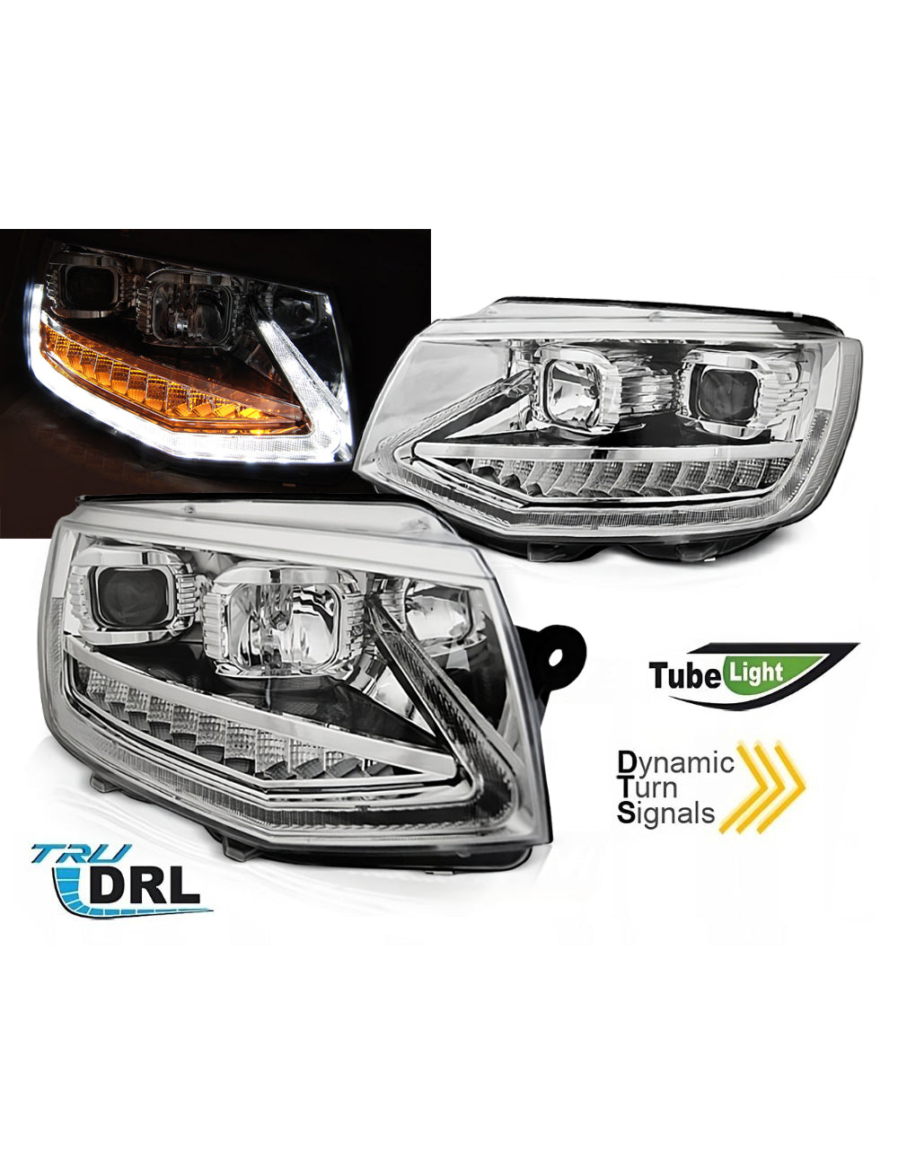 VW T6 2015-2019 Fari Anteriori DRL LED Frecce Dinamiche Cromati