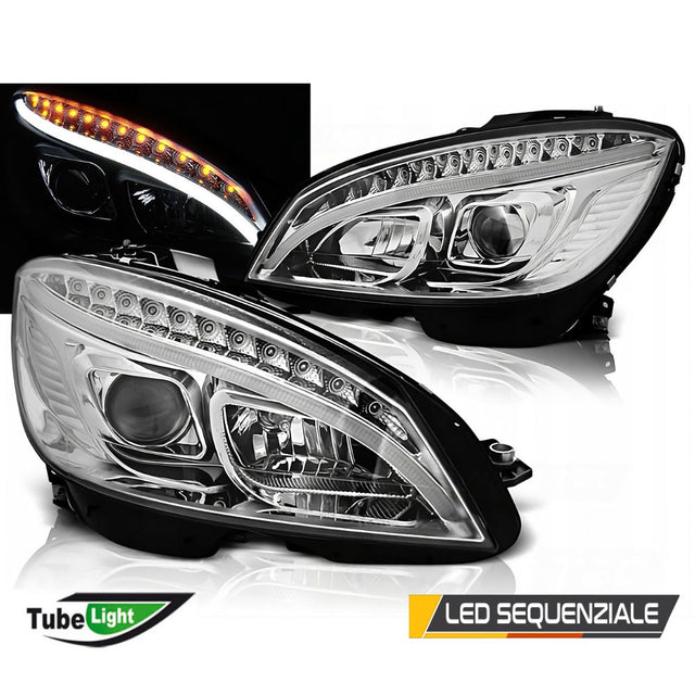 Mercedes Classe C W204 07-10 Fari Anteriori DRL LED Cromati Freccia Sequenziale