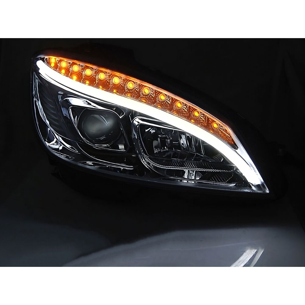 Mercedes Classe C W204 07-10 Fari Anteriori DRL LED Cromati Frecce Dinamiche