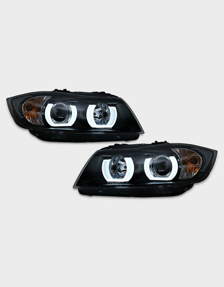 BMW Serie 3 E90 E91 05-08 Fari Anteriori Angel Eyes 3D U-LED